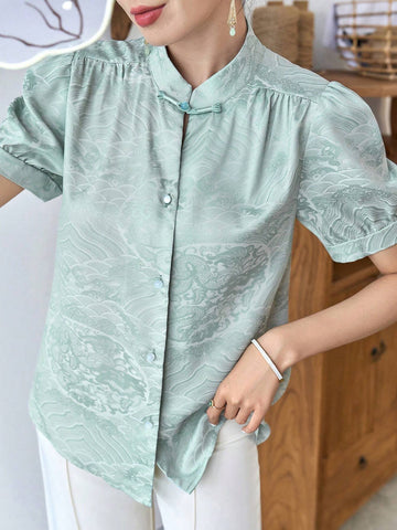 Modely Jacquard Puff Sleeve Button Front Hanfu Top