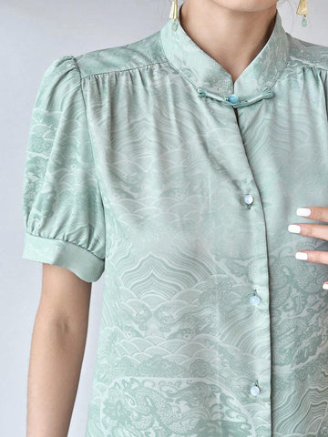 Modely Jacquard Puff Sleeve Button Front Hanfu Top