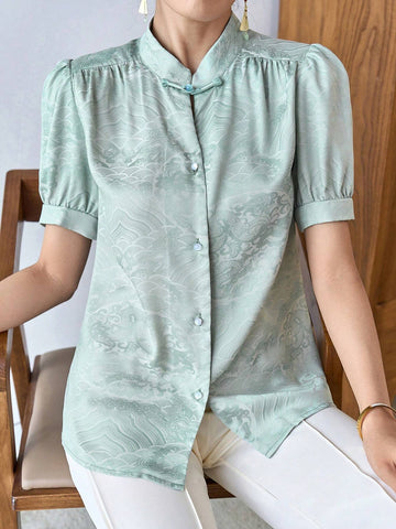 Modely Jacquard Puff Sleeve Button Front Hanfu Top