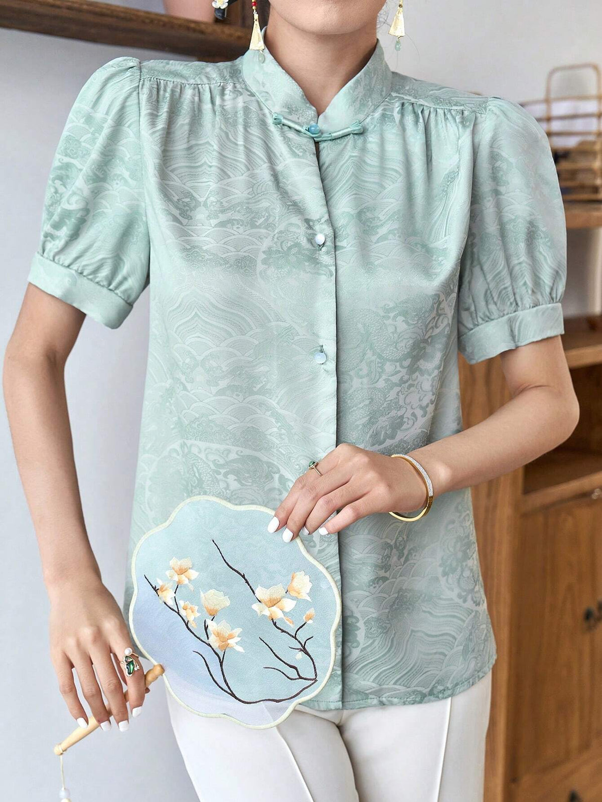 Modely Jacquard Puff Sleeve Button Front Hanfu Top