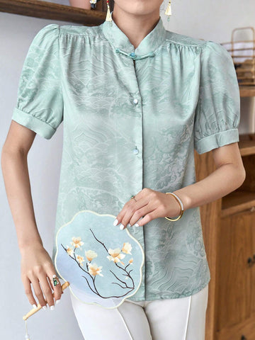 Modely Jacquard Puff Sleeve Button Front Hanfu Top
