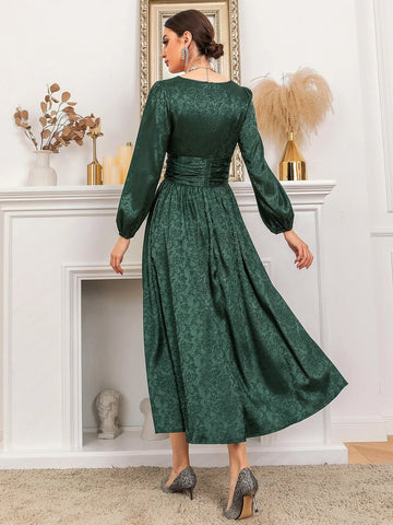Modely Jacquard Square Neck Ruched Corset Flare Hem Dress