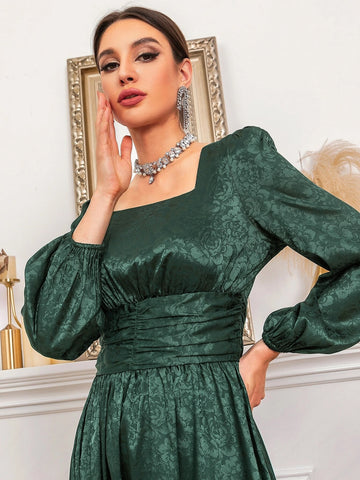 Modely Jacquard Square Neck Ruched Corset Flare Hem Dress