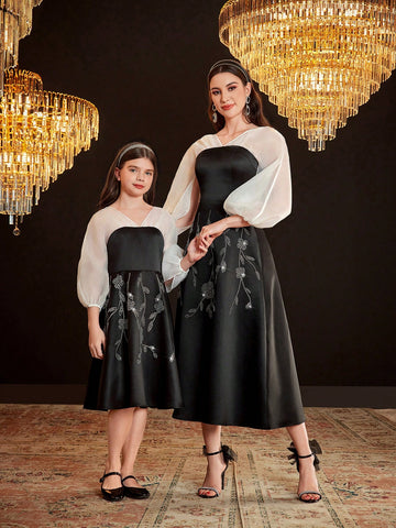 Ladies' Color Block Paneled Lantern Sleeve Dress Adorned With Rhinestones, Without Waist Chain