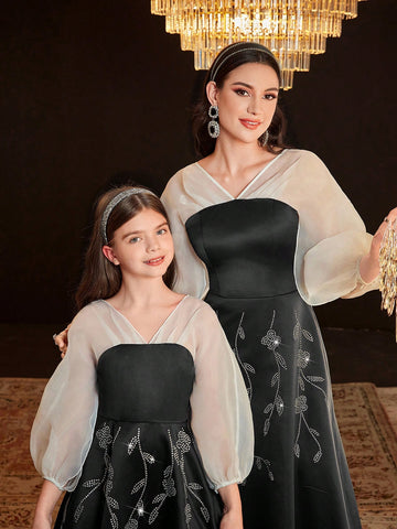 Ladies' Color Block Paneled Lantern Sleeve Dress Adorned With Rhinestones, Without Waist Chain