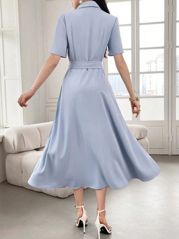 Ladies Double-Breasted Dress With Quinoa Collar, Belt, Pleating Design And Short Sleeves For Party