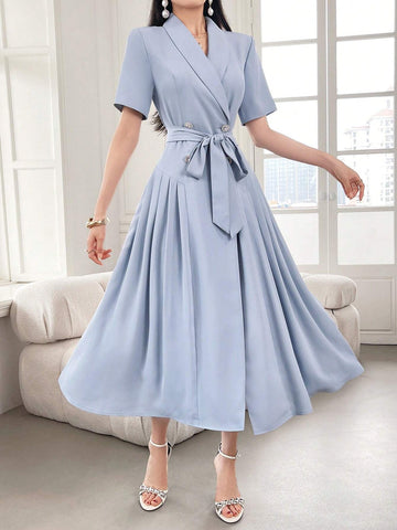 Ladies Double-Breasted Dress With Quinoa Collar, Belt, Pleating Design And Short Sleeves For Party