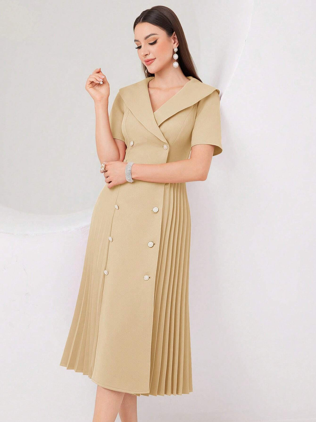 Ladies' Double Breasted Patchwork Pleated Hem Short Sleeve Dress