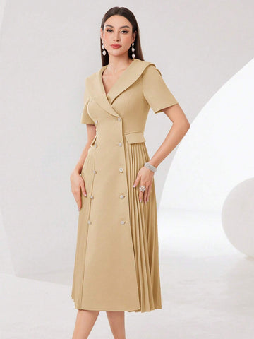 Ladies' Double Breasted Patchwork Pleated Hem Short Sleeve Dress