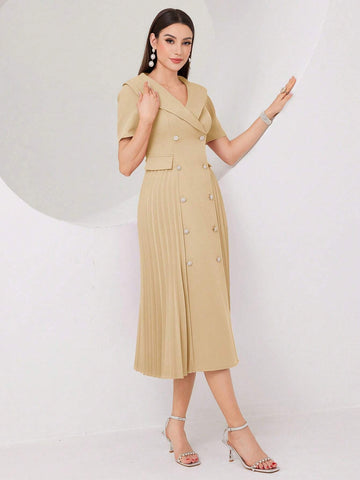 Ladies' Double Breasted Patchwork Pleated Hem Short Sleeve Dress