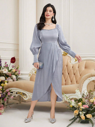 Ladies' Elegant Dress With Button Decorated Cuffs