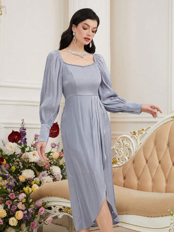 Ladies' Elegant Dress With Button Decorated Cuffs