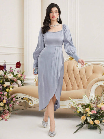 Ladies' Elegant Dress With Button Decorated Cuffs