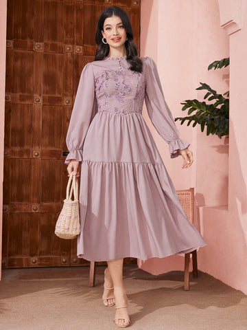 Ladies' Floral Embroidery Patchwork Ruffle Sleeve Dress