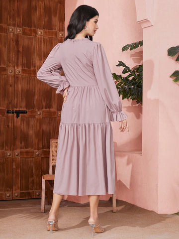 Ladies' Floral Embroidery Patchwork Ruffle Sleeve Dress