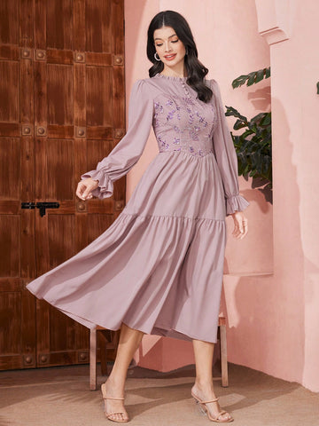 Ladies' Floral Embroidery Patchwork Ruffle Sleeve Dress