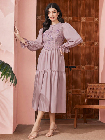 Ladies' Floral Embroidery Patchwork Ruffle Sleeve Dress