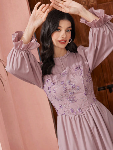 Ladies' Floral Embroidery Patchwork Ruffle Sleeve Dress