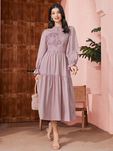 Ladies' Floral Embroidery Patchwork Ruffle Sleeve Dress