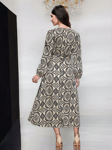 Ladies' Geometric Printed Lantern Sleeve Dress