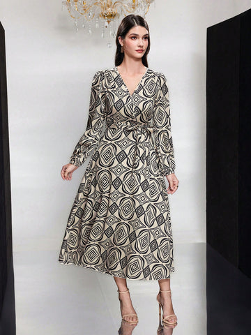 Ladies' Geometric Printed Lantern Sleeve Dress