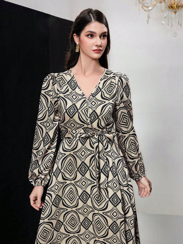 Ladies' Geometric Printed Lantern Sleeve Dress