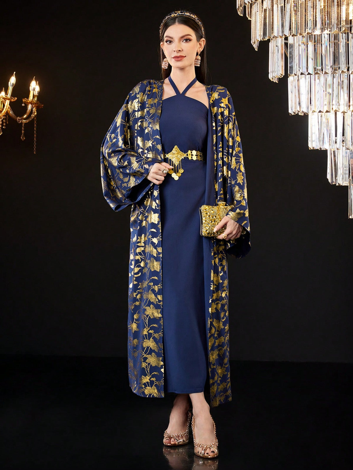 Ladies' Gold Foil Print Coat & Solid Color Halter Dress Set