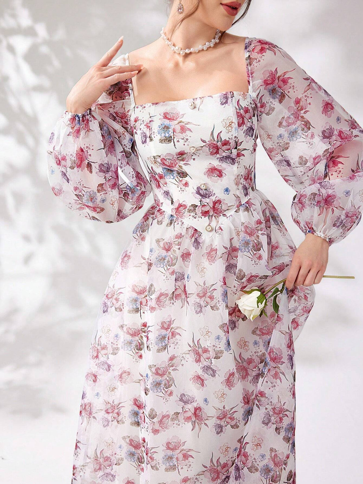 Ladies' Holiday Floral Printed Square Neck Long Sleeve Dress
