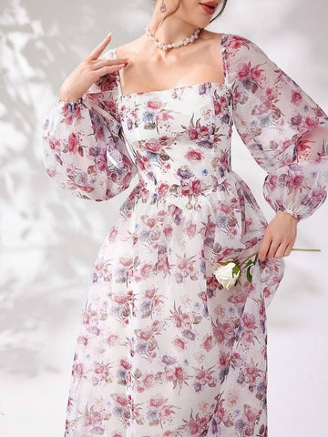 Ladies' Holiday Floral Printed Square Neck Long Sleeve Dress