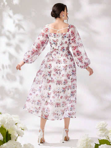 Ladies' Holiday Floral Printed Square Neck Long Sleeve Dress