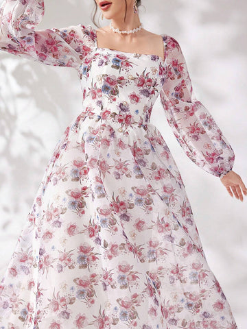 Ladies' Holiday Floral Printed Square Neck Long Sleeve Dress