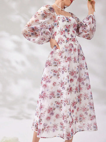 Ladies' Holiday Floral Printed Square Neck Long Sleeve Dress