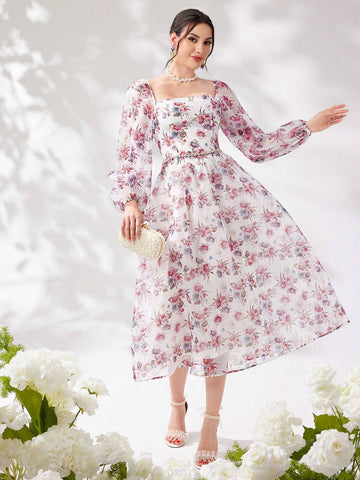 Ladies' Holiday Floral Printed Square Neck Long Sleeve Dress