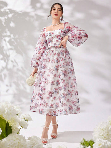 Ladies' Holiday Floral Printed Square Neck Long Sleeve Dress