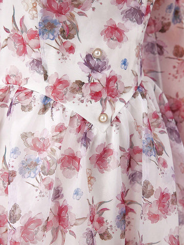 Ladies' Holiday Floral Printed Square Neck Long Sleeve Dress