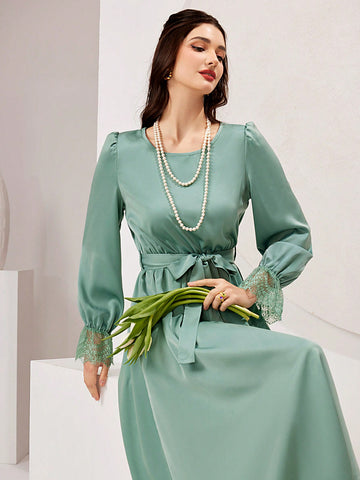 Ladies' Lace Cuff Belted Bell Sleeve Dress