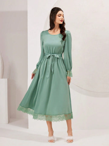 Ladies' Lace Cuff Belted Bell Sleeve Dress