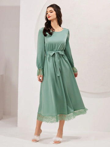 Ladies' Lace Cuff Belted Bell Sleeve Dress