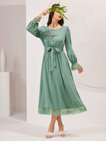 Ladies' Lace Cuff Belted Bell Sleeve Dress