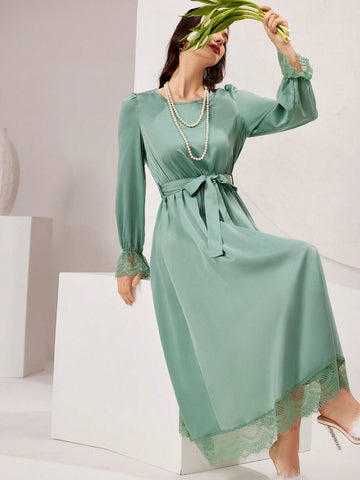 Ladies' Lace Cuff Belted Bell Sleeve Dress