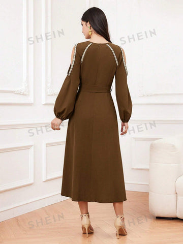 Ladies' Off Shoulder Knit Bandage Patchwork Dress With Notched Collar
