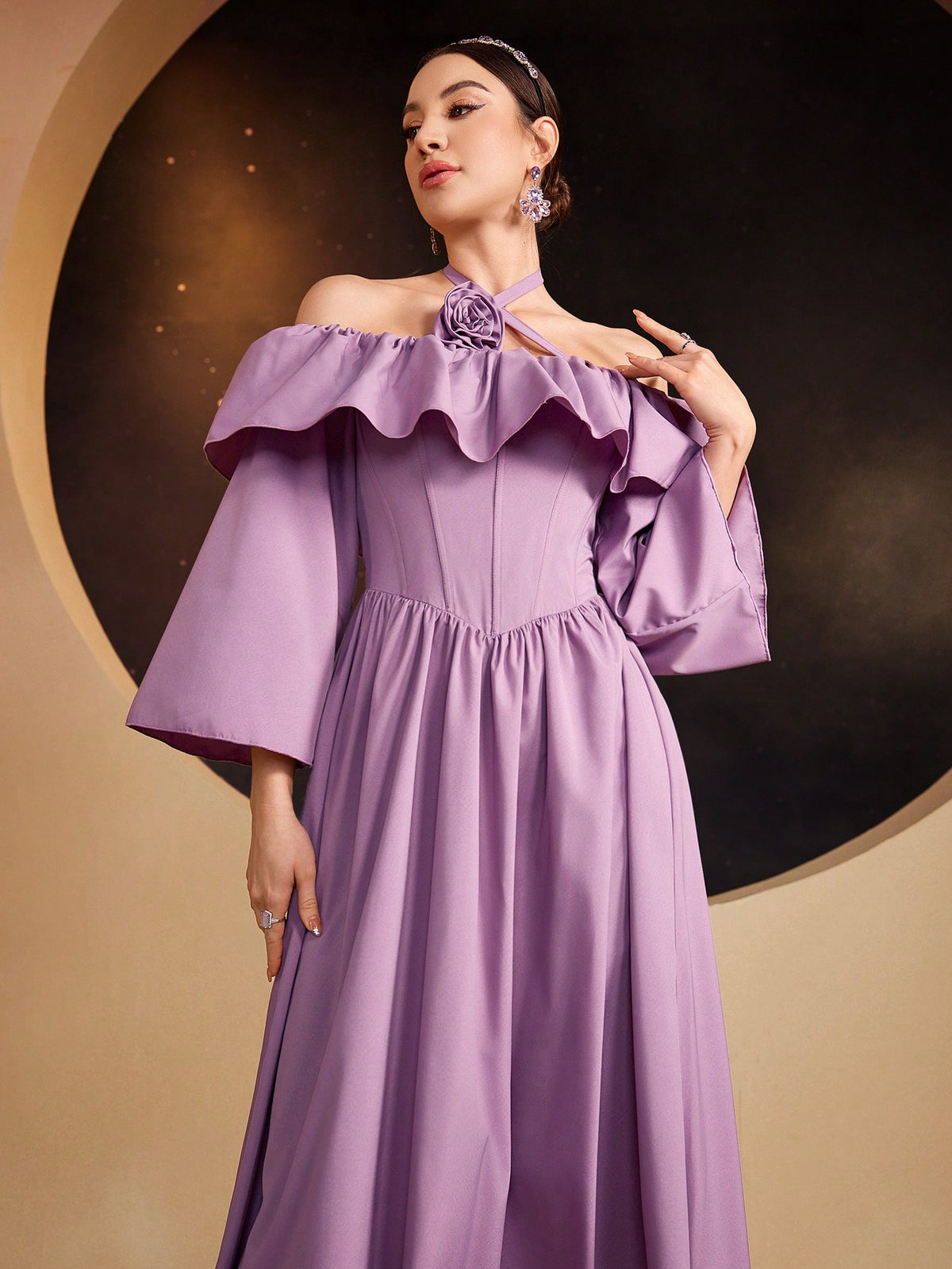 Ladies' Patchwork Asymmetric Ruffle Off-Shoulder Halter Neck Dress