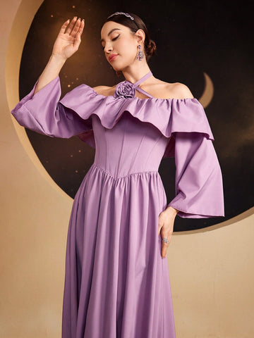 Ladies' Patchwork Asymmetric Ruffle Off-Shoulder Halter Neck Dress