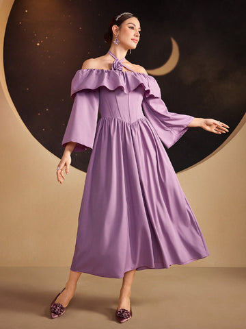 Ladies' Patchwork Asymmetric Ruffle Off-Shoulder Halter Neck Dress