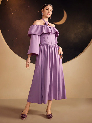 Ladies' Patchwork Asymmetric Ruffle Off-Shoulder Halter Neck Dress