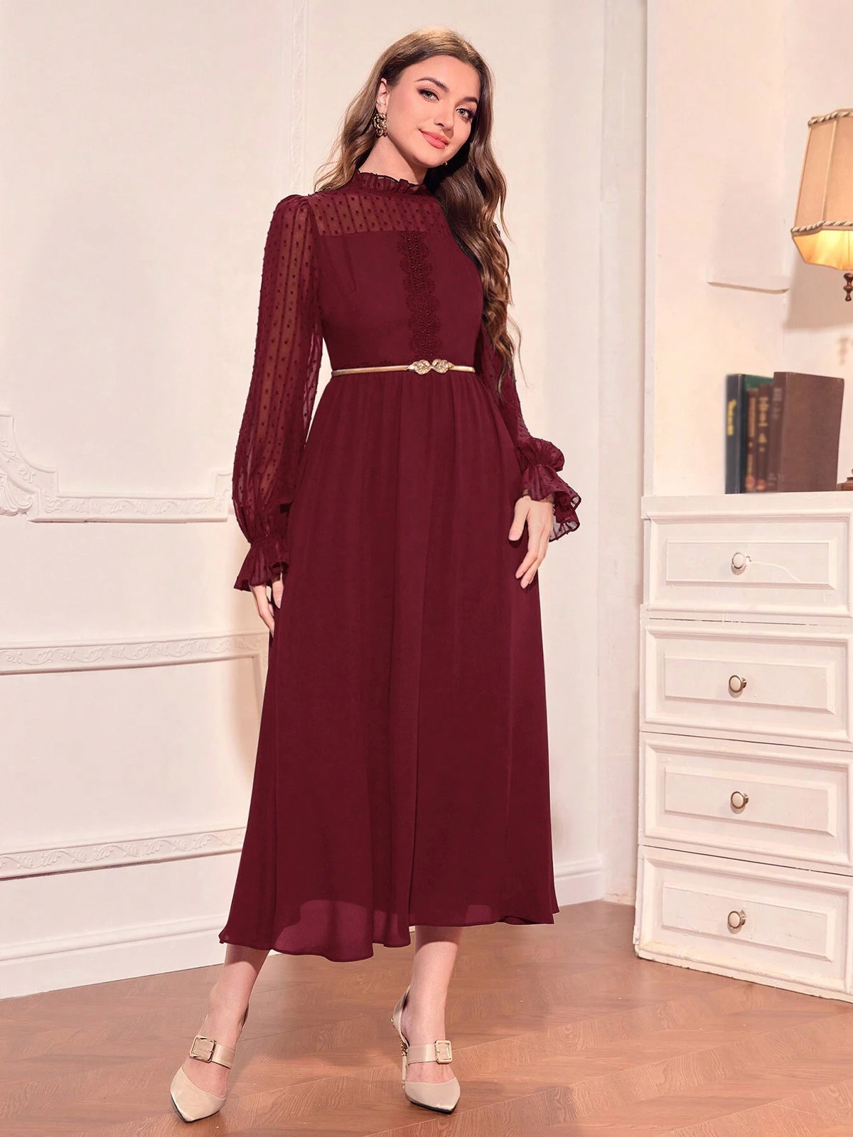 Ladies' Plain Chic Belted Dress For Daily Wear