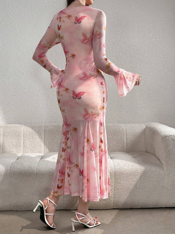 Ladies' Random Butterfly Printed V-Neck Long Sleeve Dress