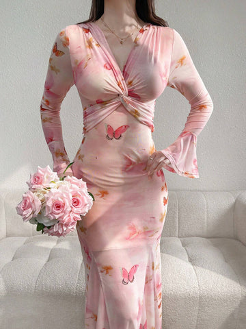 Ladies' Random Butterfly Printed V-Neck Long Sleeve Dress