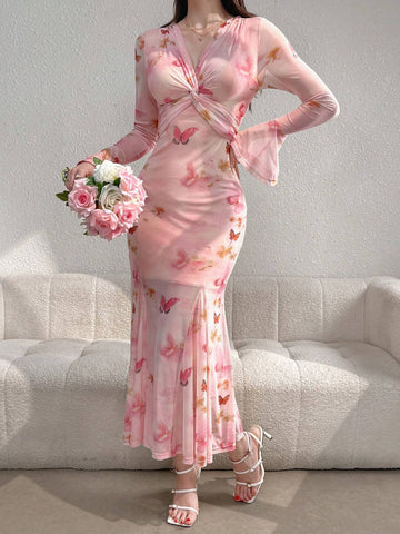 Ladies' Random Butterfly Printed V-Neck Long Sleeve Dress