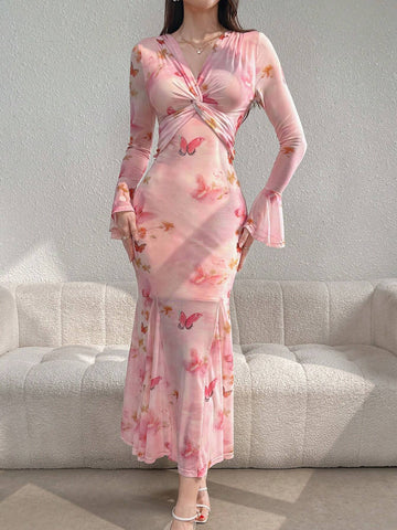 Ladies' Random Butterfly Printed V-Neck Long Sleeve Dress